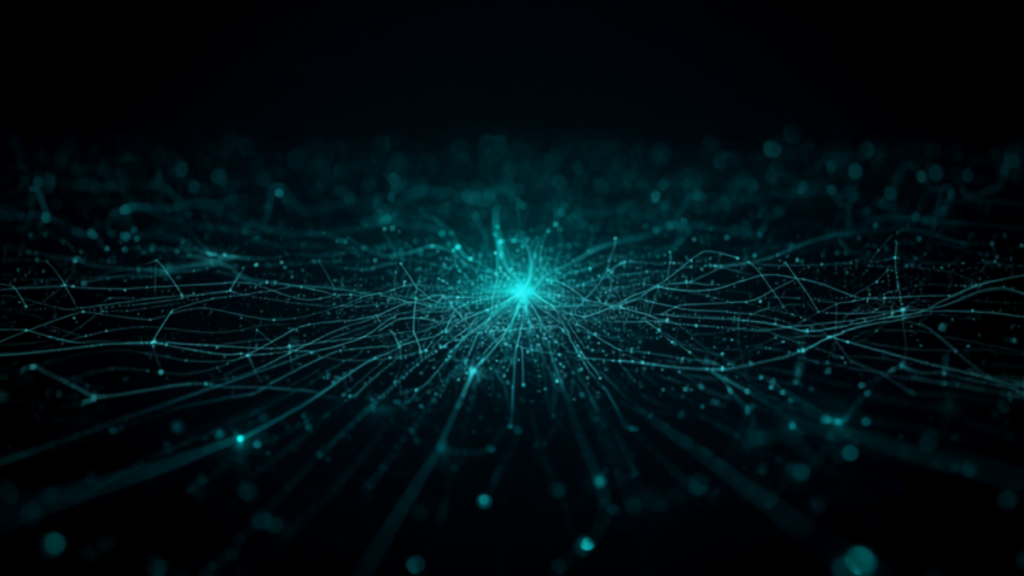 Illustrazione astratta di flussi di dati che convergono in tempo reale, stile scuro verde teal — Adobe Commerce e Real-Time CDP