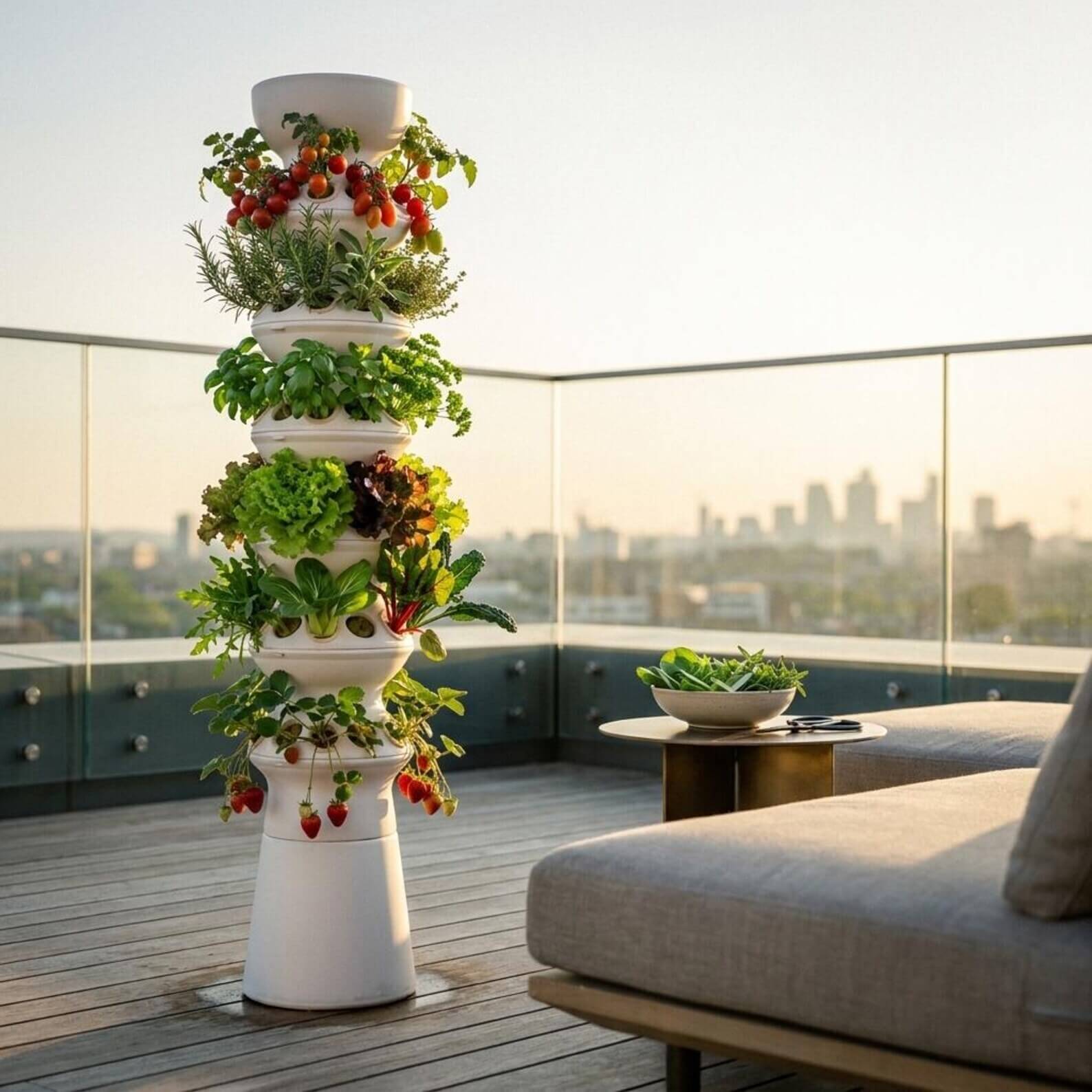 Torre idroponica IDROOO su una terrazza con vista sui tetti al tramonto