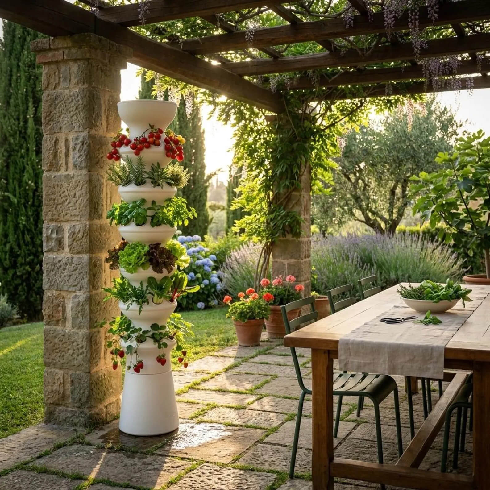 Torre idroponica IDROOO con pomodorini, fragole ed erbe aromatiche su terrazza panoramica