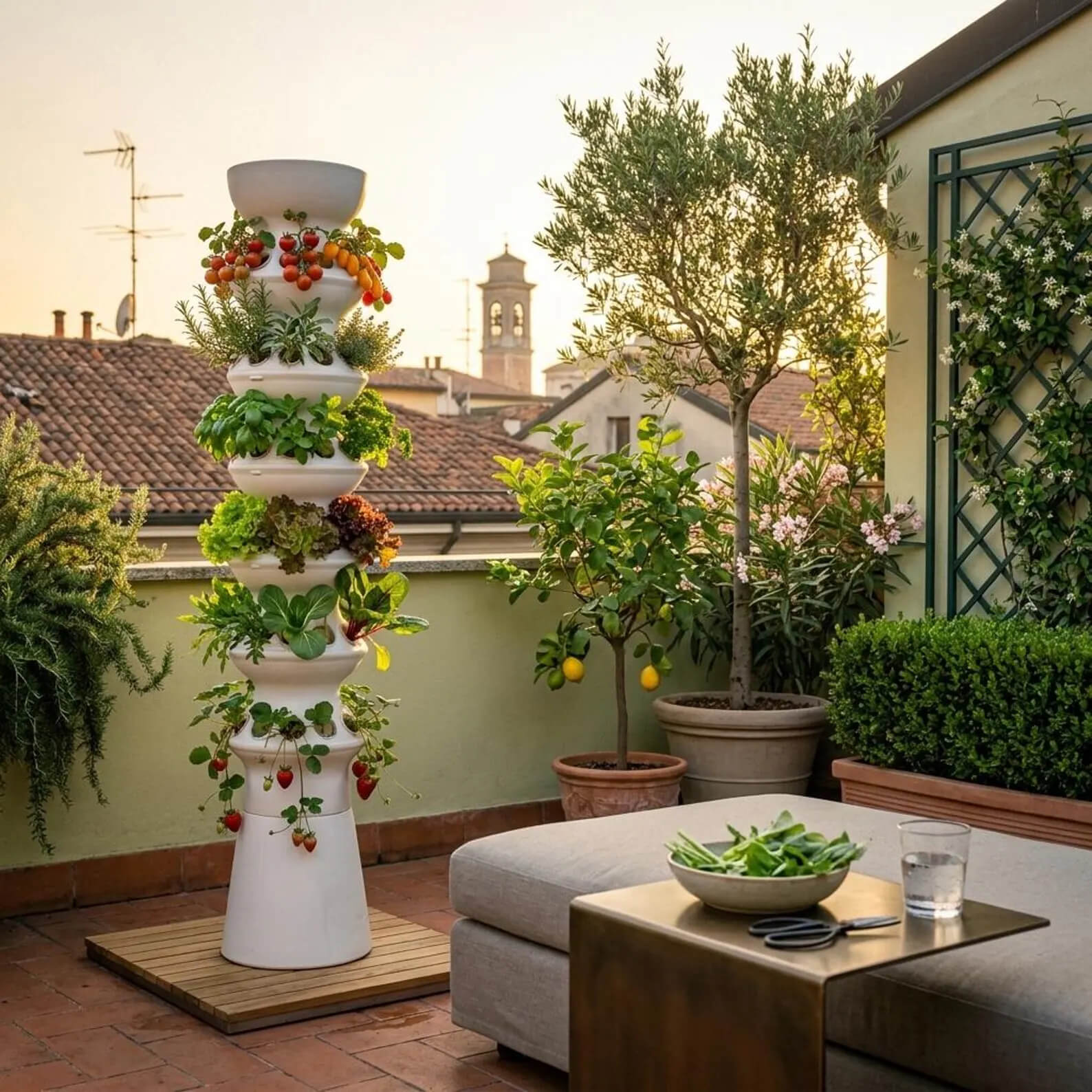 Torre idroponica IDROOO in un giardino con pergola e tavolo da pranzo esterno