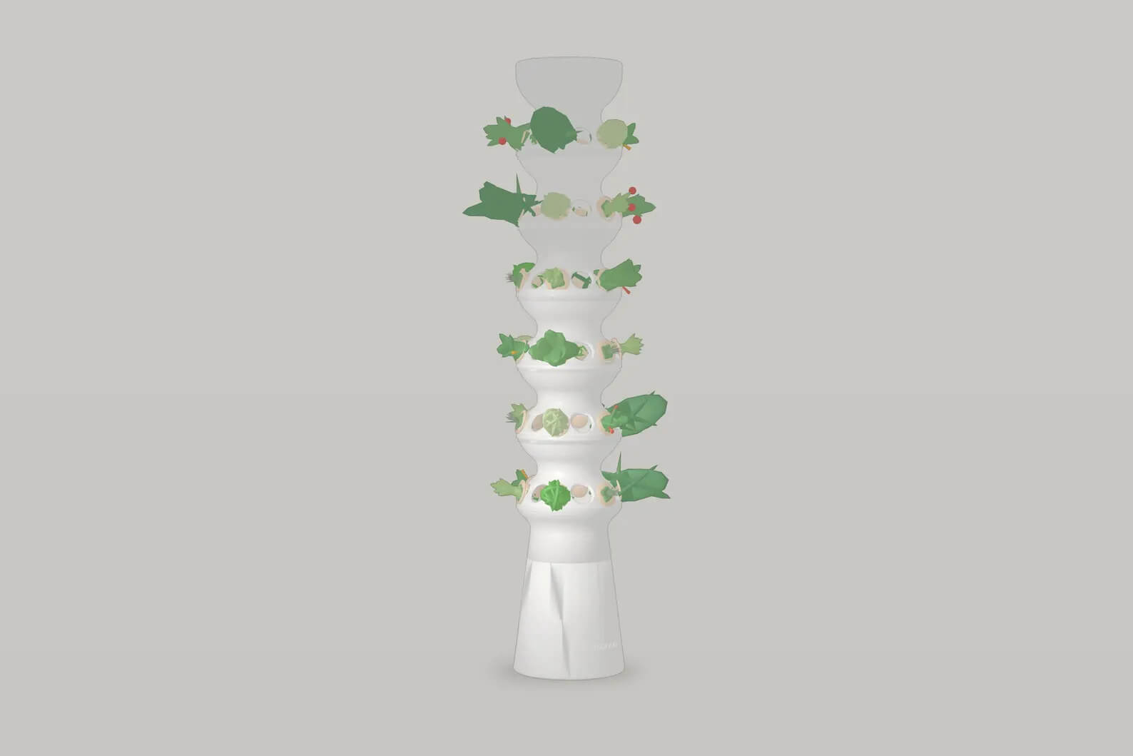 Render 3D della torre idroponica IDROOO con i moduli impilabili in evidenza